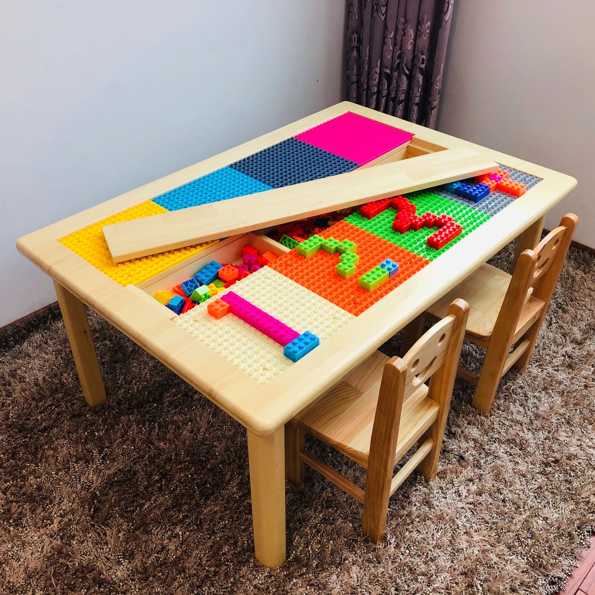 儿童积木桌幼儿园多功能实木游戏桌椅宝宝益智玩具乐高手工学习桌