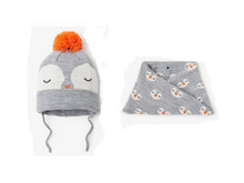 2022新款卡通企鹅儿童男童女童婴儿宝宝针织帽子针织围脖两件套