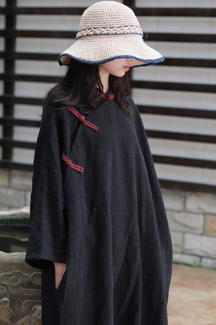 秋装 苎麻中式盘扣粗麻袍子禅意复古宽松连衣裙长裙大码190701