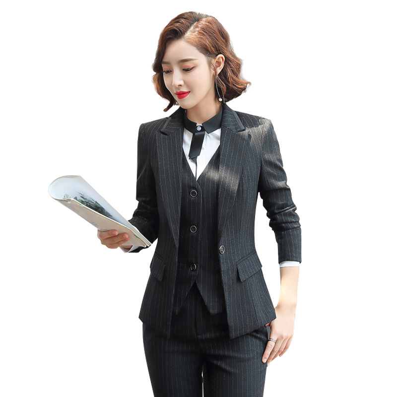 批发西服套装女职业正装工作服气质修身条纹小西装白领时尚马甲潮