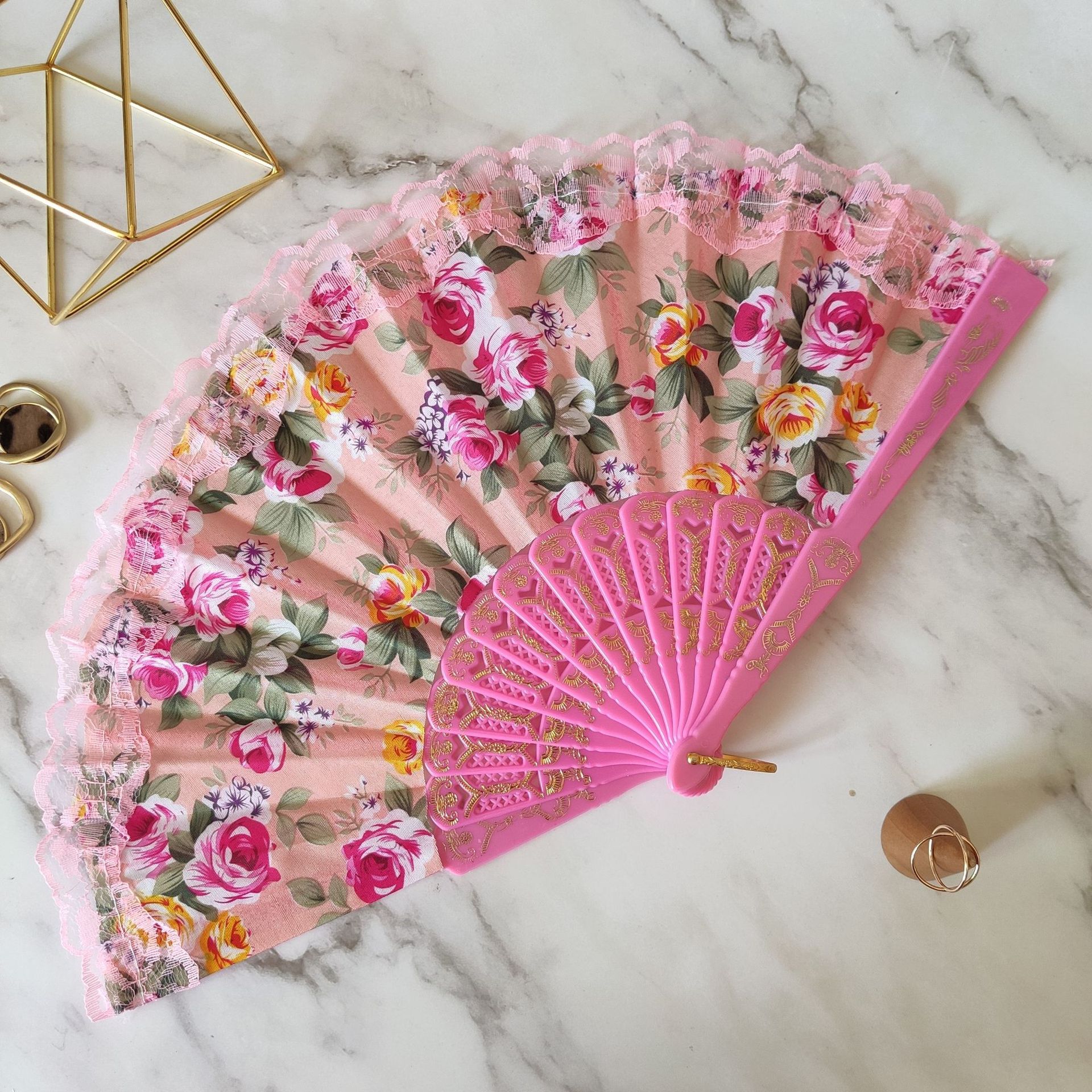 玫瑰花边扇-中式碎花扇欧风复古折扇典婚庆扇工艺礼品塑料杆扇子
