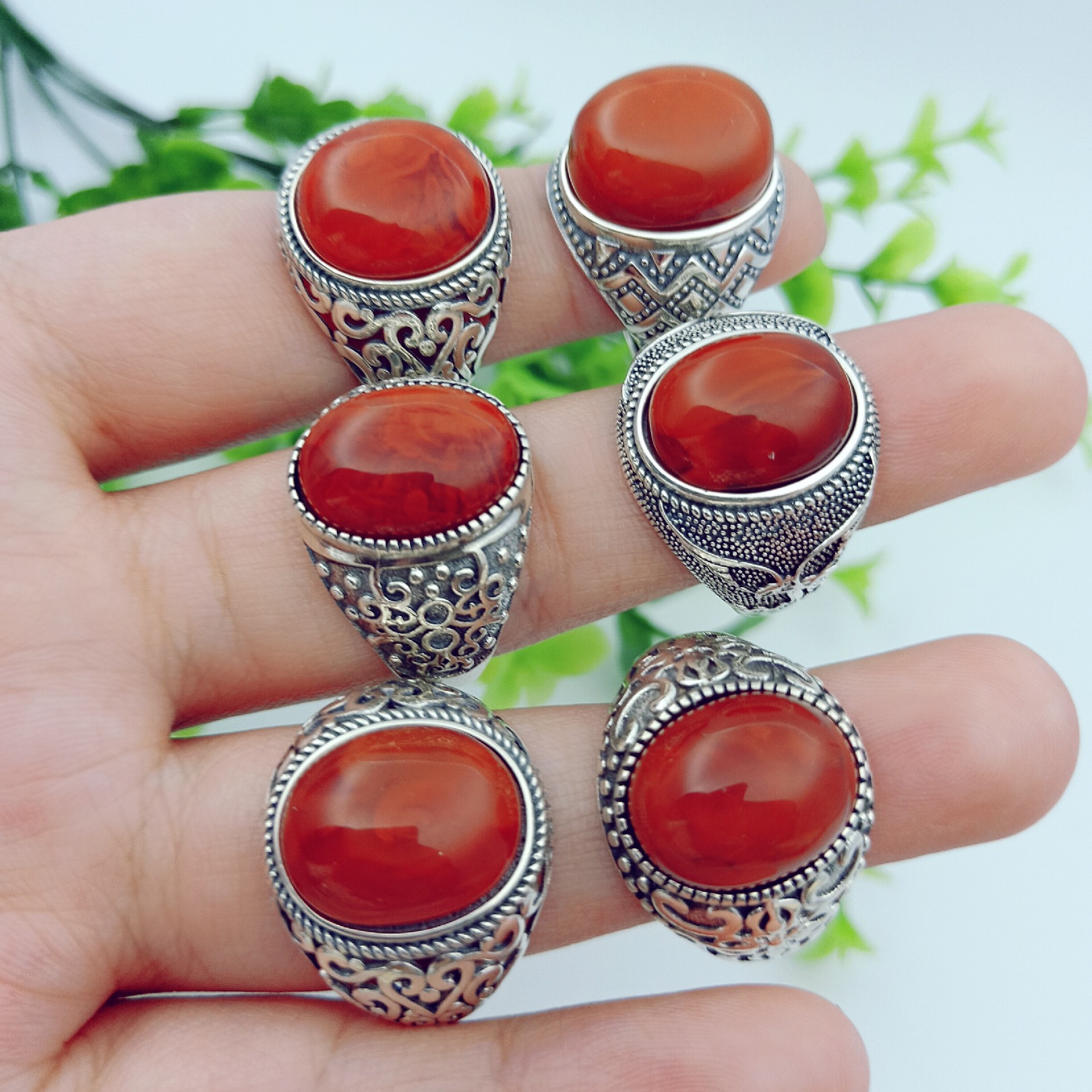 天然满肉无裂南红玛瑙戒指s925纯银镶嵌南红男戒泰银复古大气戒指