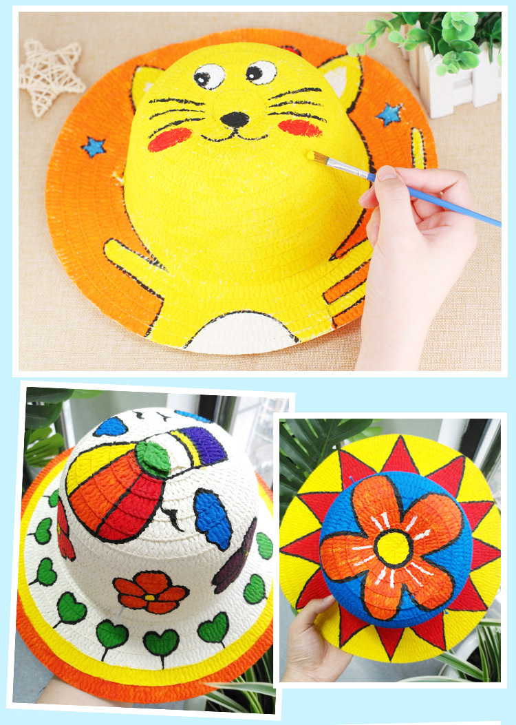 儿童diy草帽手绘涂鸦彩绘卡通绘画帽 帽子幼儿园创意墙面布置装饰