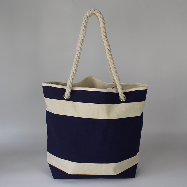 时尚粗棉绳帆布袋 棉绳条纹手提袋可加印logo 棉质拉链沙滩帆布袋