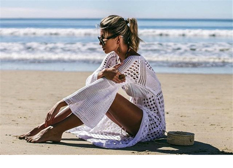 欧美海边度假比基尼针织喇叭袖沙滩裙镂空开叉长裙泳衣罩衫1949