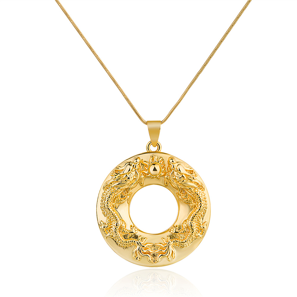 越南镀金饰品黄铜镀金双龙戏珠吊坠圆形龙吊牌男士霸气项坠批发