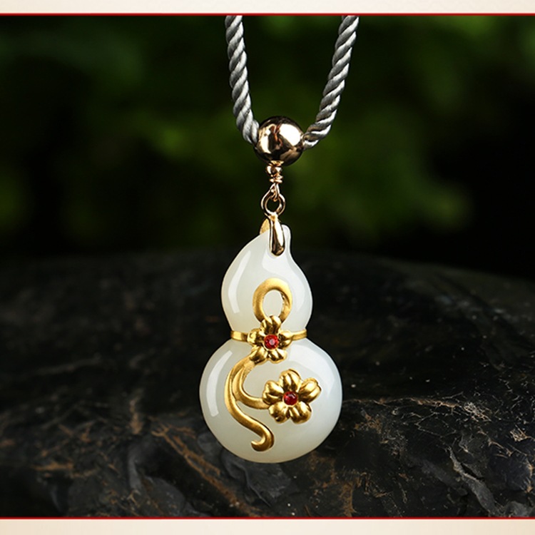 和田吊坠金镶玉葫芦男女款吊坠足金福禄玉坠挂件