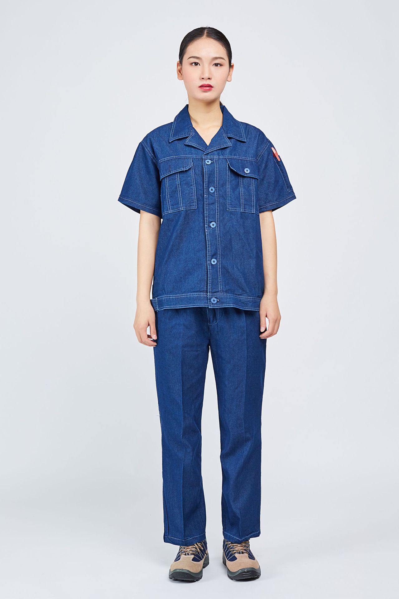 短袖工作服套装男耐磨夏季工厂车间工作服定制牛仔汽修服劳保服