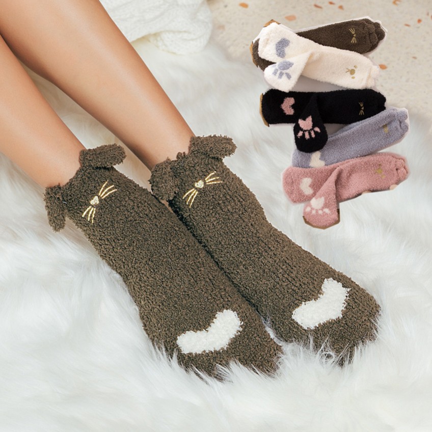 2双起跨境秋冬季珊瑚绒袜子女中筒保暖卡通系加厚列睡眠家居袜