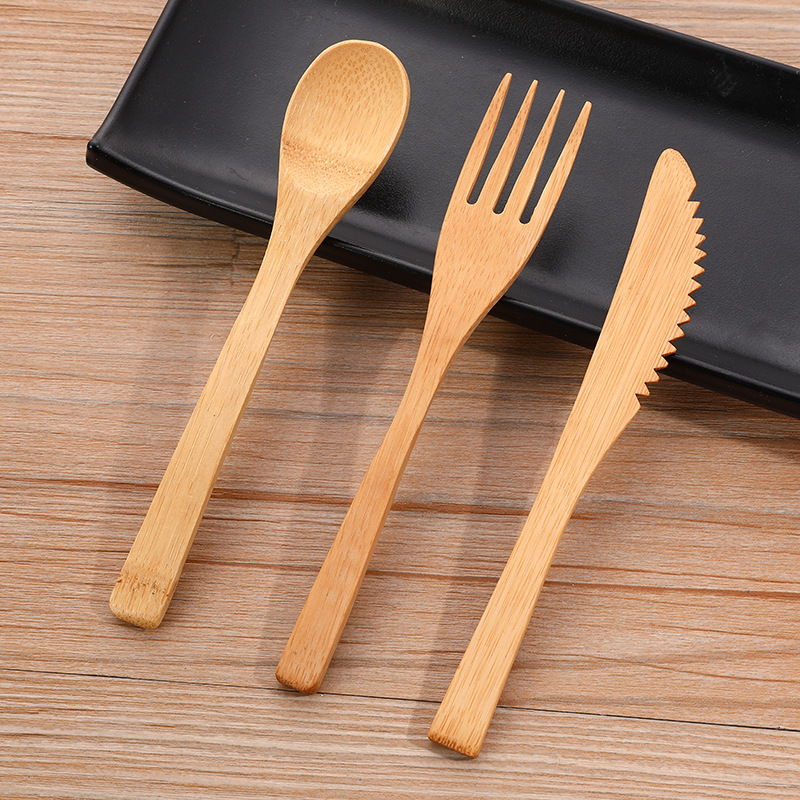 Bamboo Knife, Fork and Spoon Set 16cm Knife, Fork and Spoon Three-Piece Set Western Kitchenware Bamboo Tableware Travel Portable Set