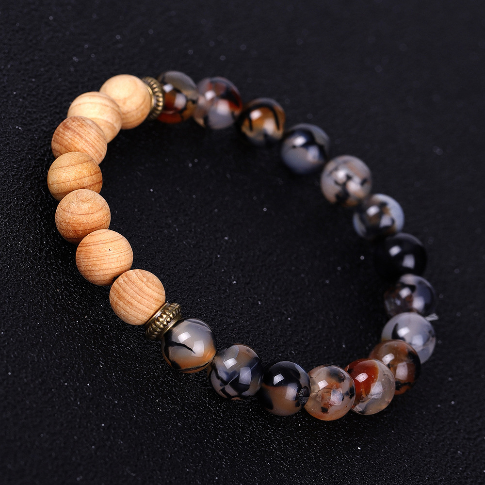天然冰裂纹玛瑙木珠手链 火山石精油香薰复古手串 跨境亚马逊热销