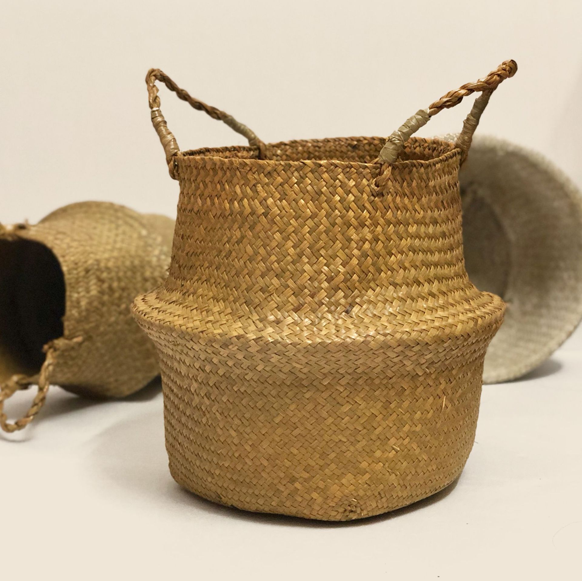 海草之编 手工草编织篮子花篮花盆 日式简约折叠收纳篮 提篮花器