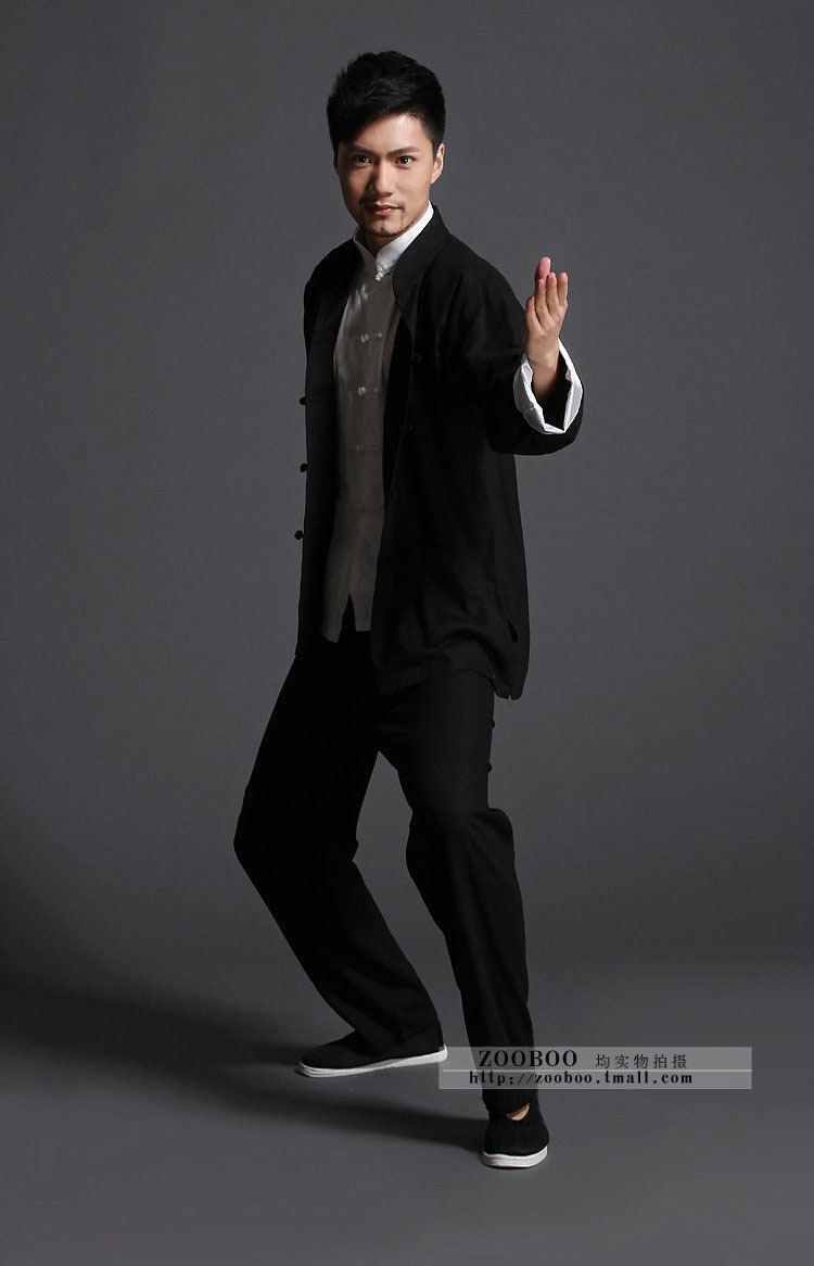 李小龙唐装 咏春拳服装 棉麻长袖民族服装 亚麻太极服道馆服订制