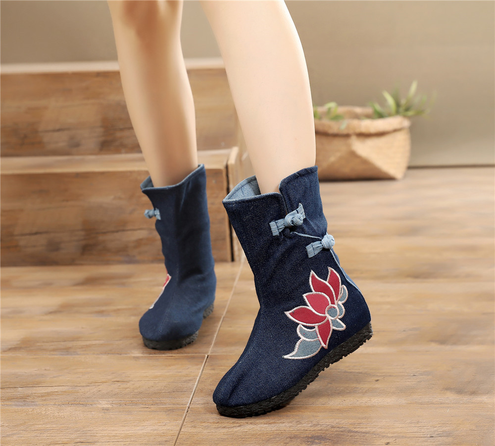 老北京绣花民族风布靴子内增高千层底单靴短筒棉靴女靴靴子