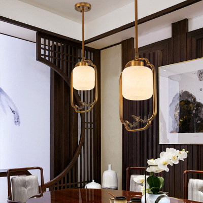 现代小鸟全铜吊灯玻璃圆形过道阳台新中式复古云石led照明灯具