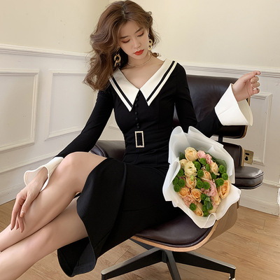 2020春装新款 网红ins风通勤名媛气质修身显瘦镶钻腰连衣裙速卖通