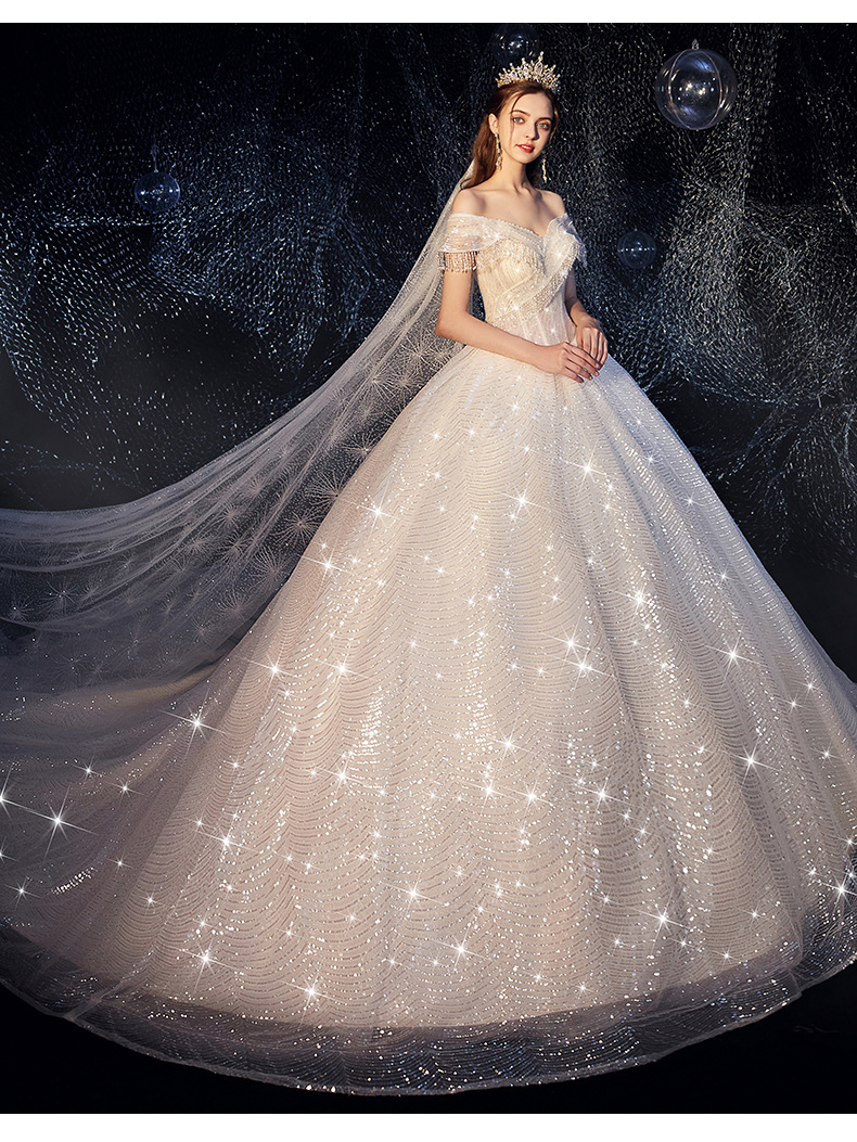 星空婚纱2020新款简约新娘梦幻奢华大拖尾显瘦一字肩超仙森系公主