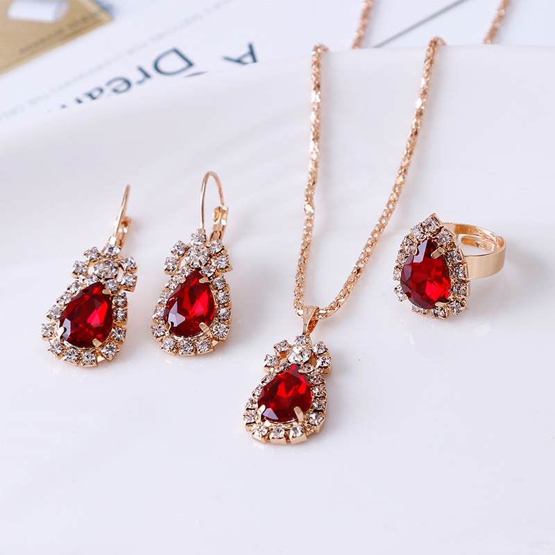European and American Personalized Water Drop Rhinestone Necklace Earrings and Ring Set Shiny Bride Ornament Wholesale Three-Piece Set