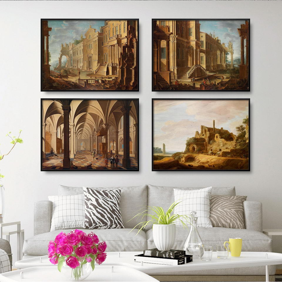 北欧餐厅客厅卧室酒店画横版装饰画画芯欧式古典建筑风景油画挂画