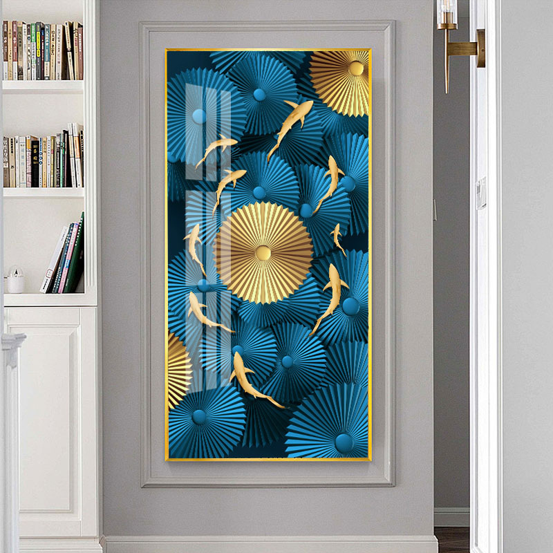 浩隆晶瓷画5d立体镶钻烤瓷晶钻挂画铝合金框轻奢玄关装饰画金鱼系