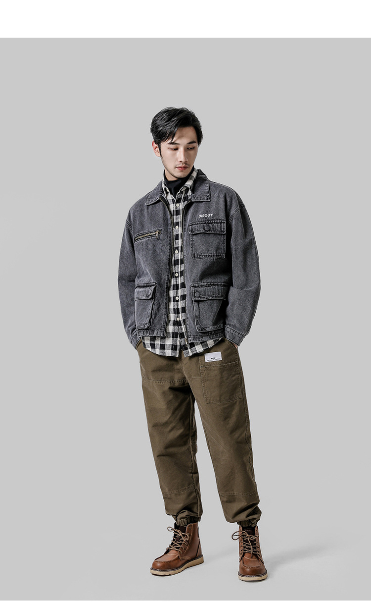 2019新款日系复古男装秋冬外套宽松多口袋牛仔衣男式夹克休闲上衣