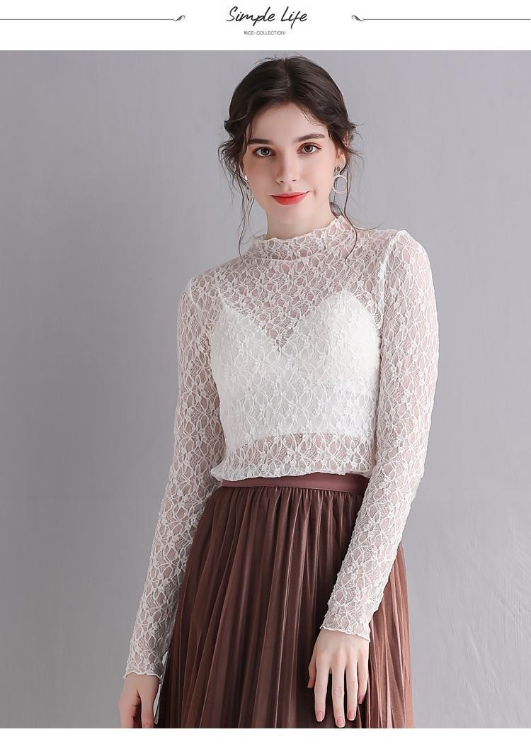 透明蕾丝打底衫女网状镂空长袖中领内搭超仙纱衣薄纱紧身网纱上衣