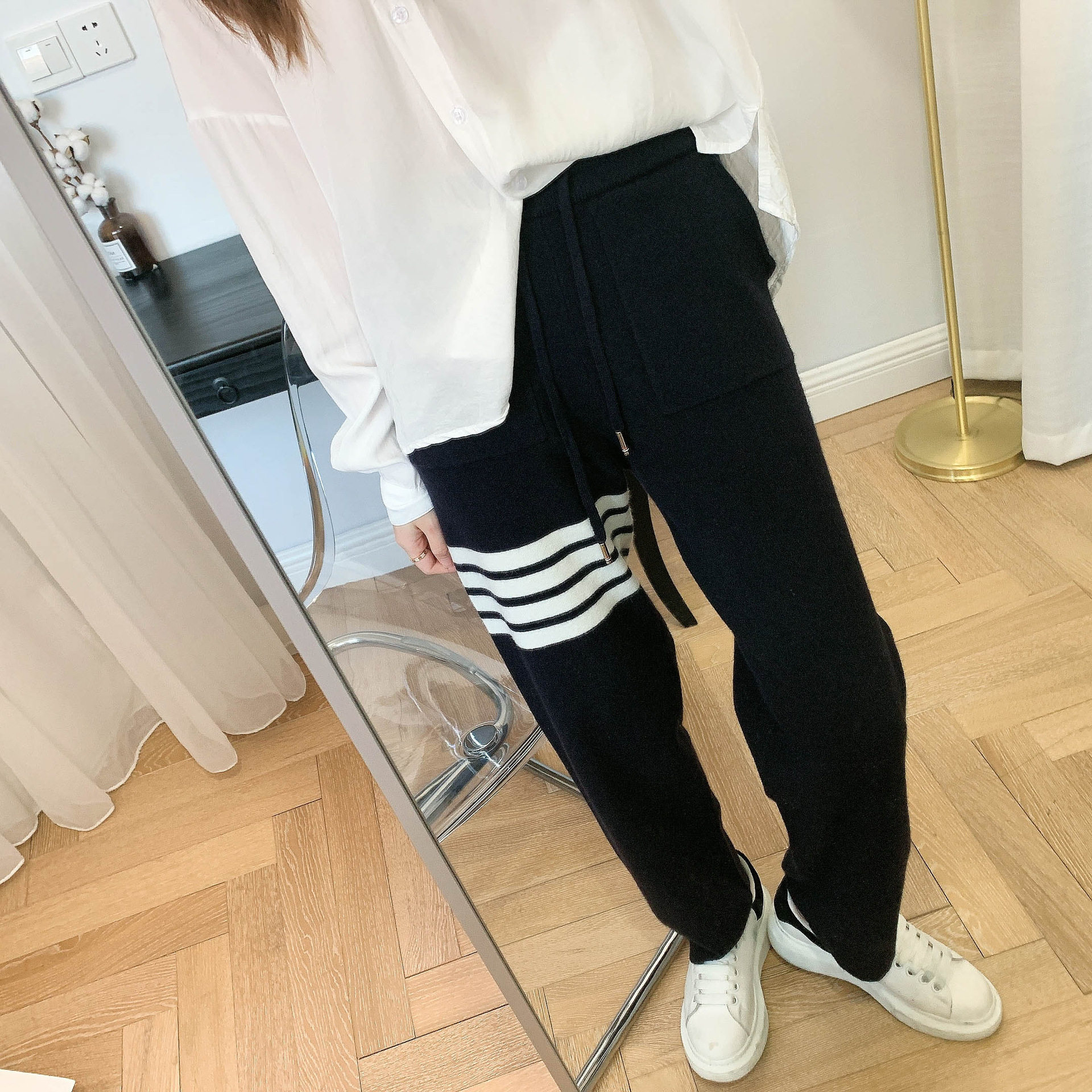 2020tb高腰长裤女针织裤灰色四杠宽松直筒ol休闲裤显瘦阔腿裤基础