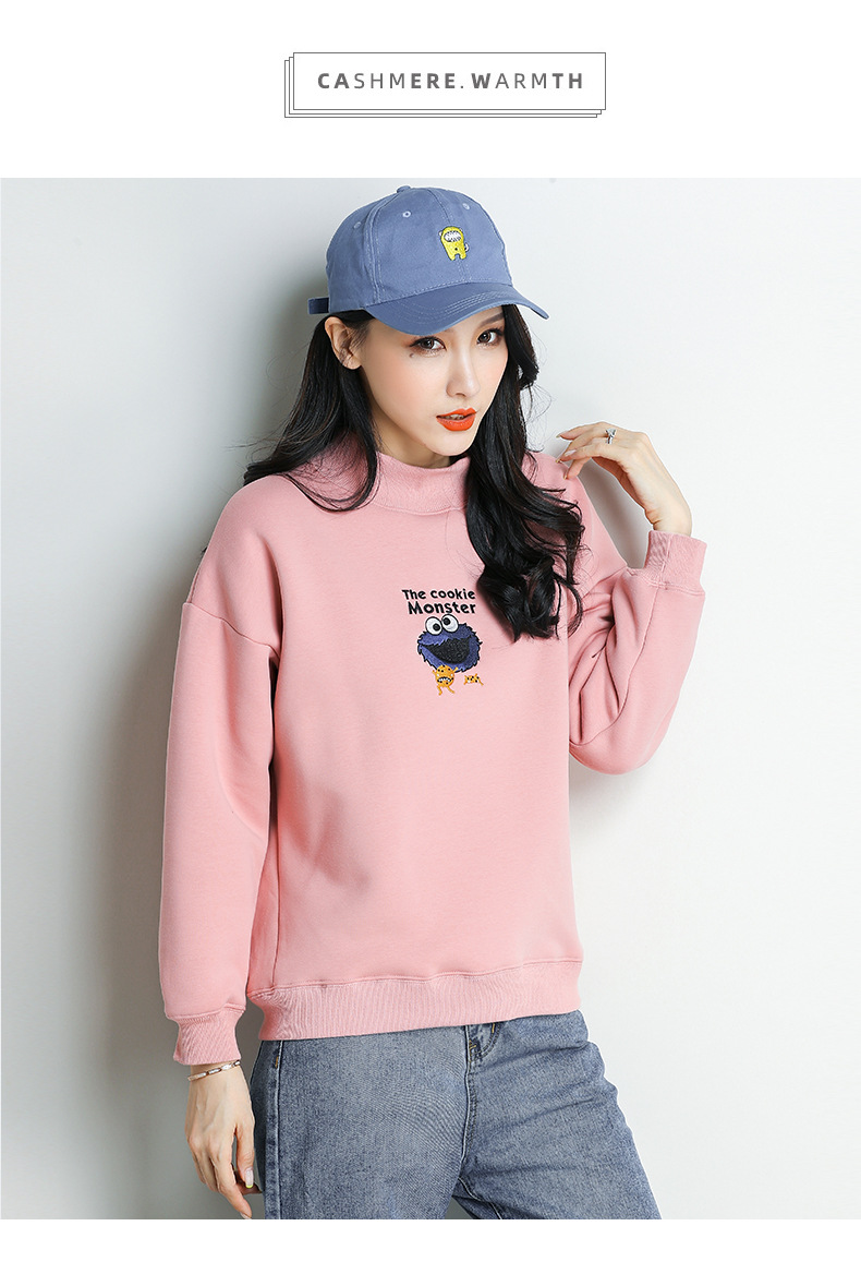 卫衣女加绒半高领宽松果绿色韩版2020秋冬新款加厚羊羔绒保暖上衣