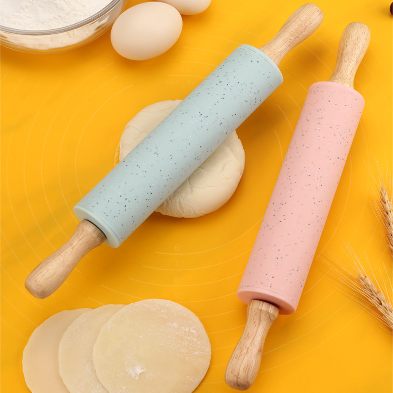 Wooden Handle Silicone Rolling Pin Household Solid Wood Roller Press Dumpling Wrapper Handmade Roller Dough Roll Artifact Baking