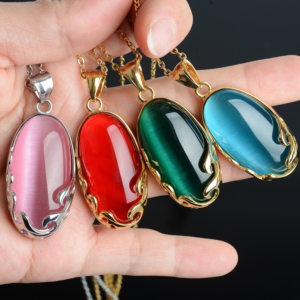 人造猫眼石玛瑙吊坠项链水波纯银首饰送妈妈母亲节生日礼物