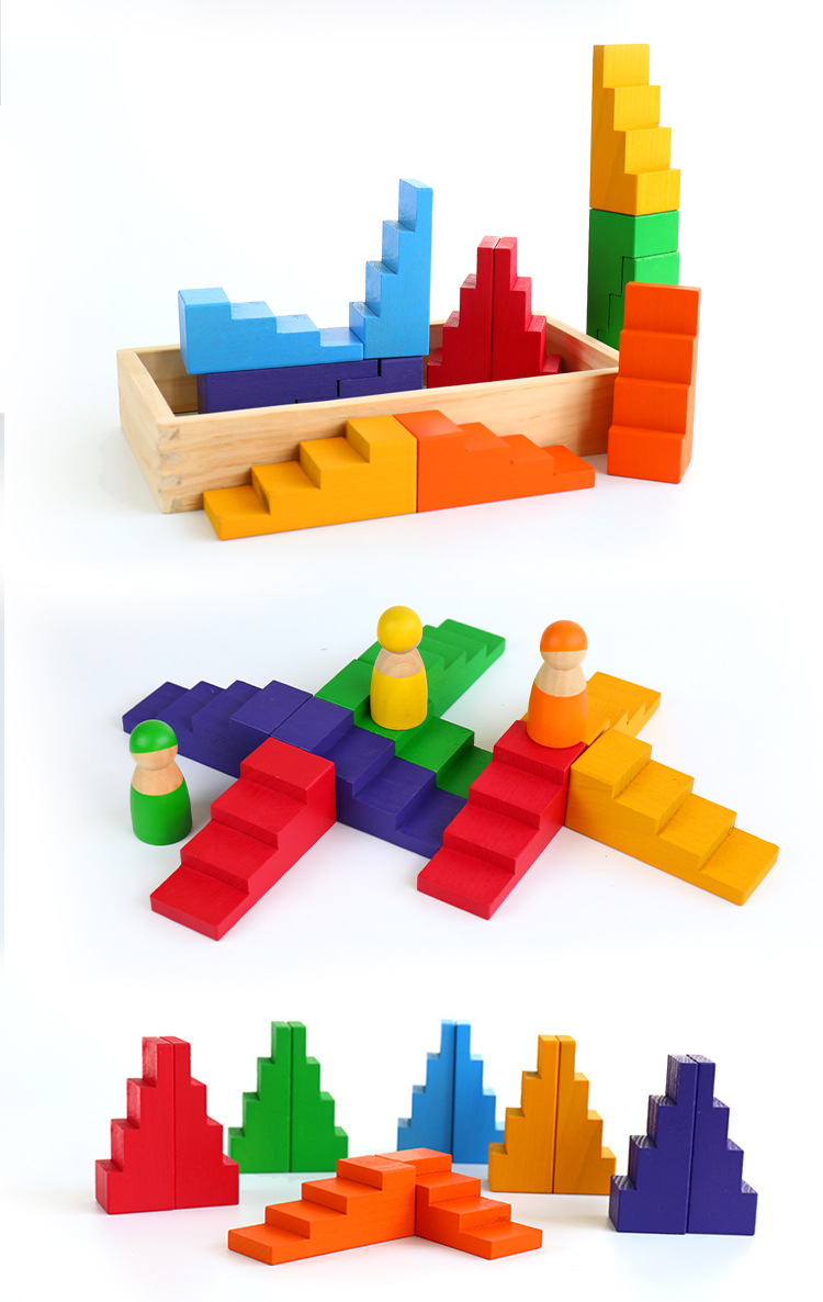 木制多彩阶梯积木创意拼搭颜色认知男孩女孩早教积木玩具一件代发