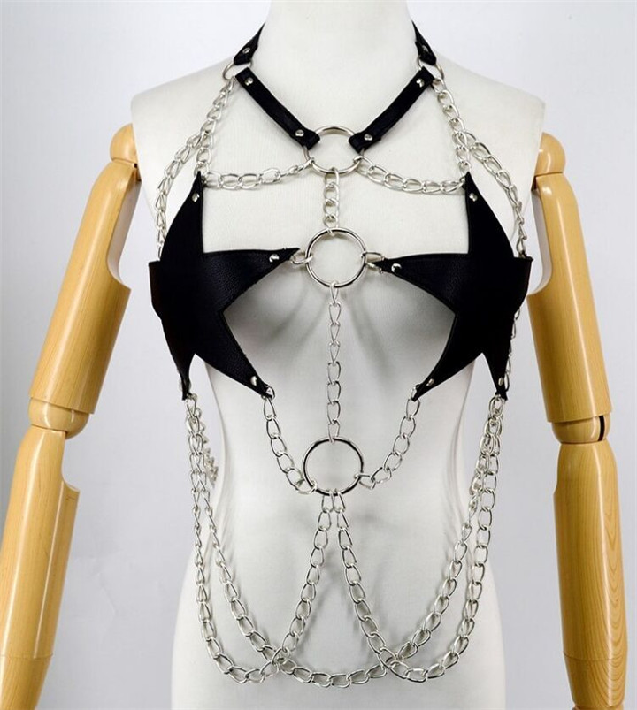情趣用品皮革五角星衣服 成人舞台道具链条束缚 性感铁链紧身内衣