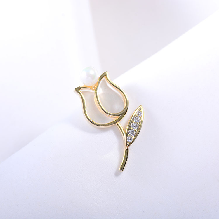 新款韩版贝壳锆石珍珠郁金香小领针优雅服装衣帽服饰搭配款