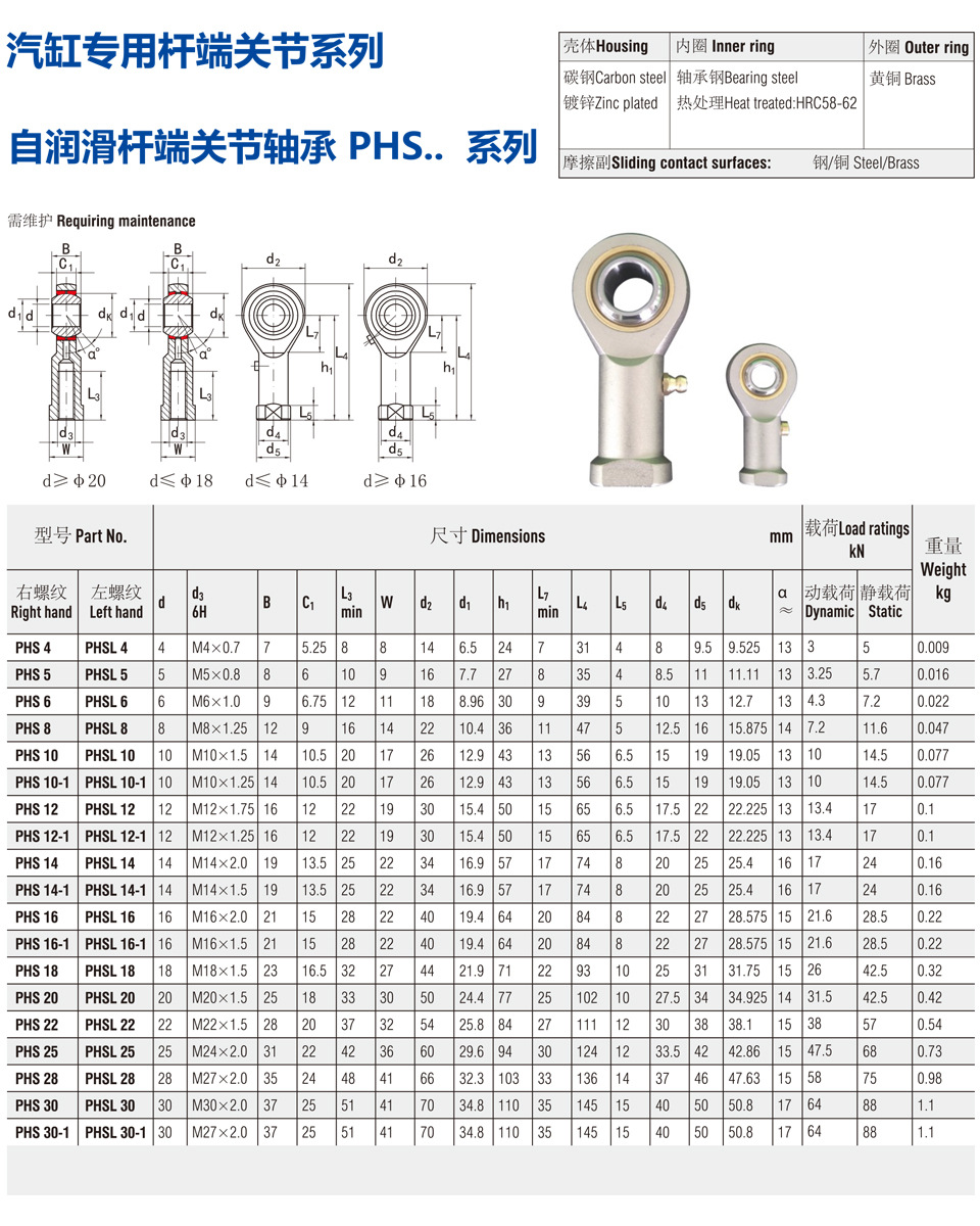 台州科锦轴承 关节轴承phs4 气缸专用杆端关节轴承系列 现货供应