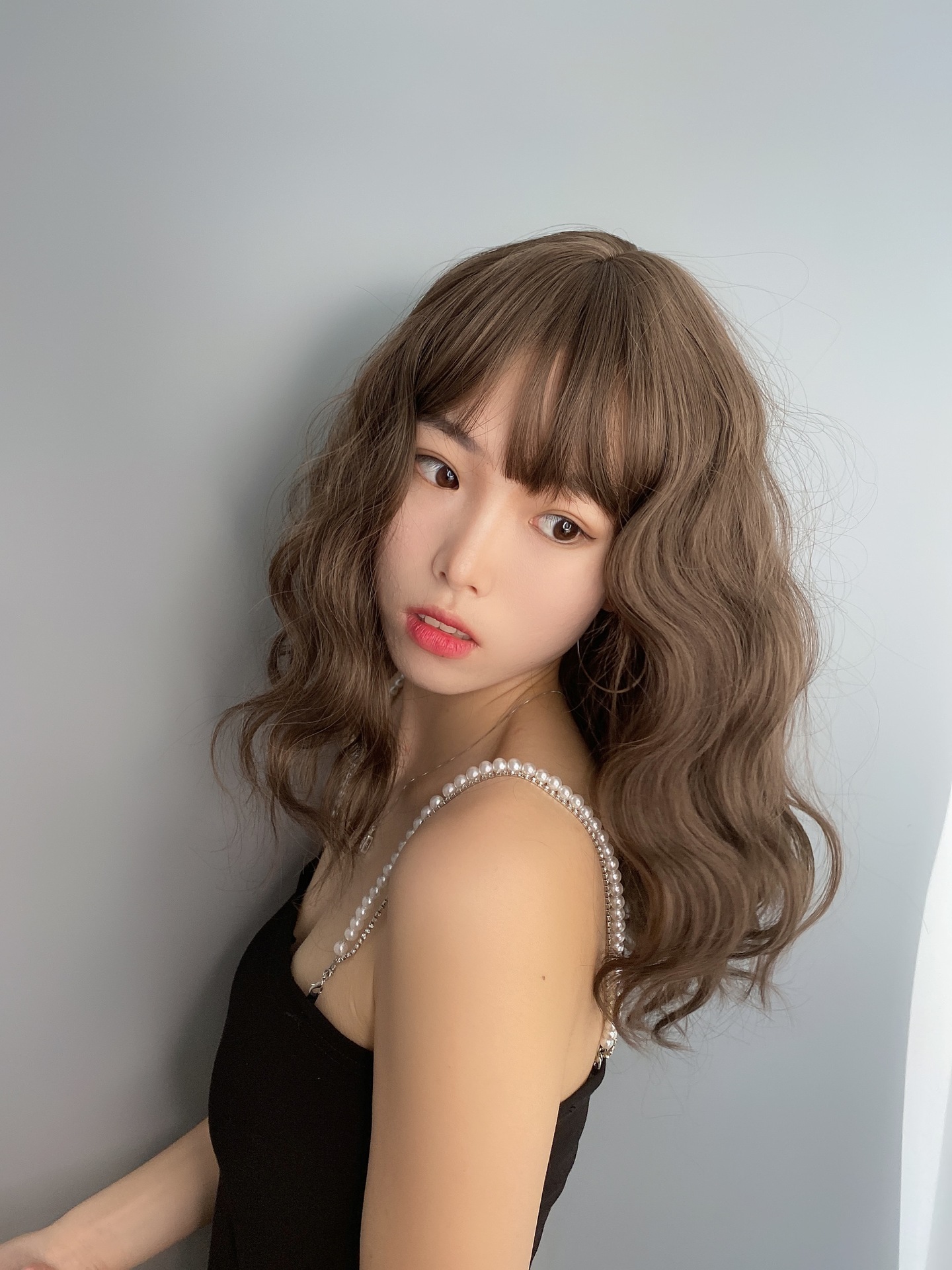 网红时尚蓬松中长发整顶假发套女 韩版雾霾蓝羊毛卷齐刘海全头套