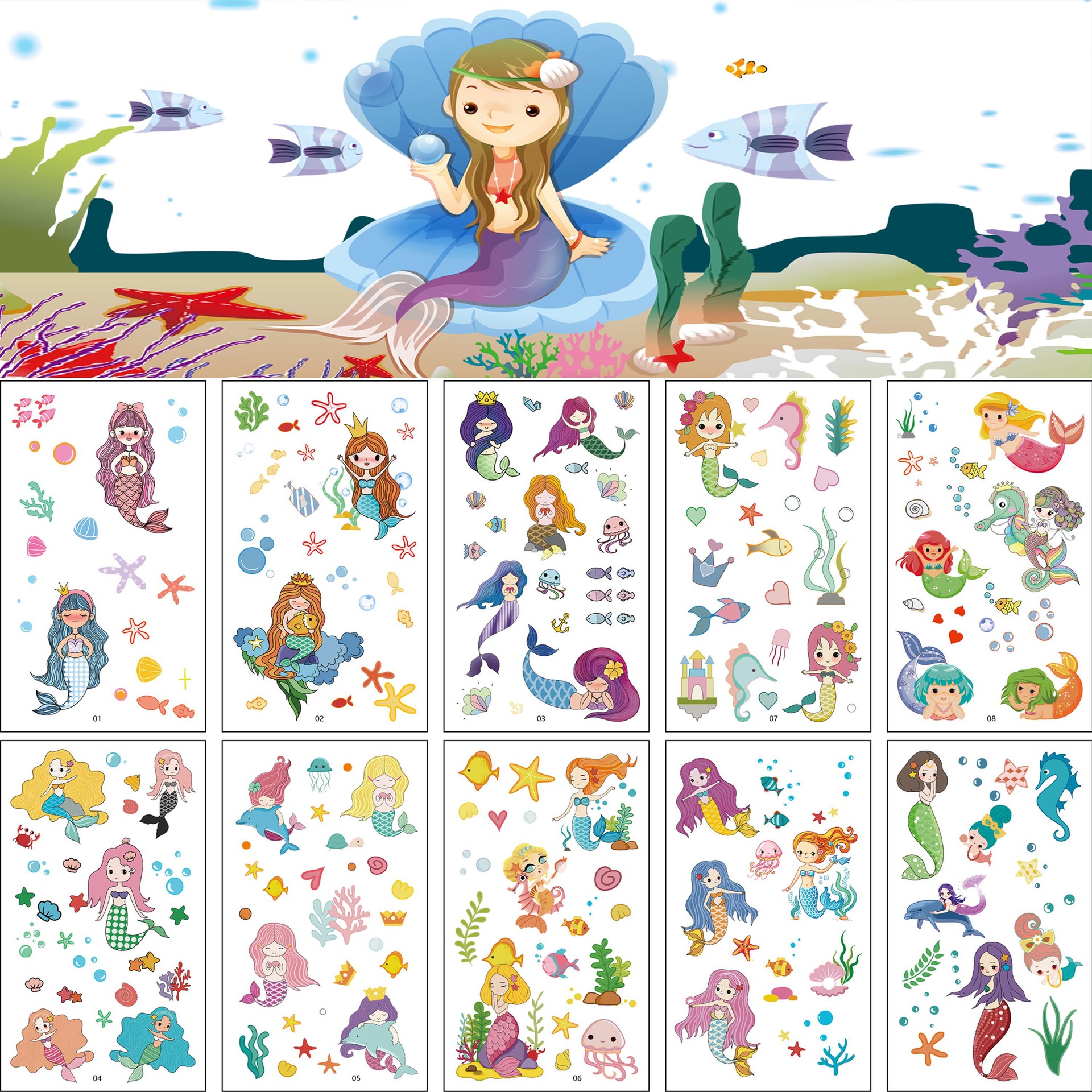 厂家直销卡通美人鱼纹身贴 可爱公主女孩ins凤小清新文身贴定制