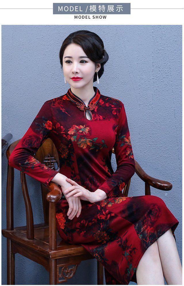 中年女秋冬装连衣裙长款过膝洋气加绒加厚改良妈妈旗袍裙子中老年
