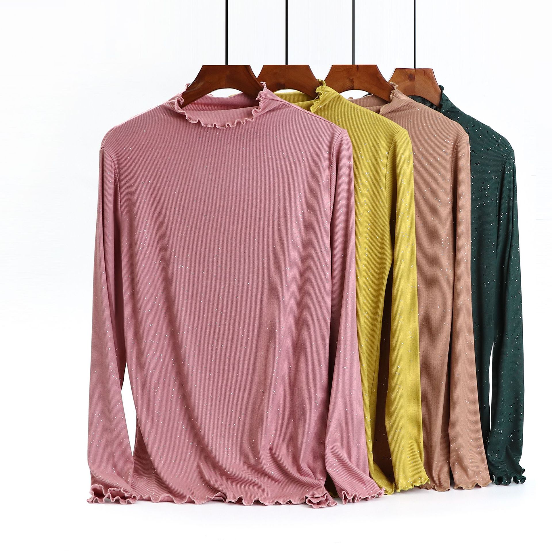 春款大码螺纹莫代尔内搭长袖t恤薄款纯色闪银木耳边半领打底衫女