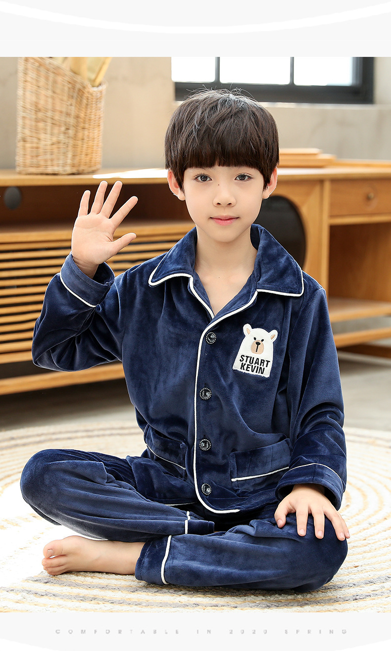 新款男童家居服套装冬季法兰绒保暖内衣加绒加厚儿童卡通睡衣批发