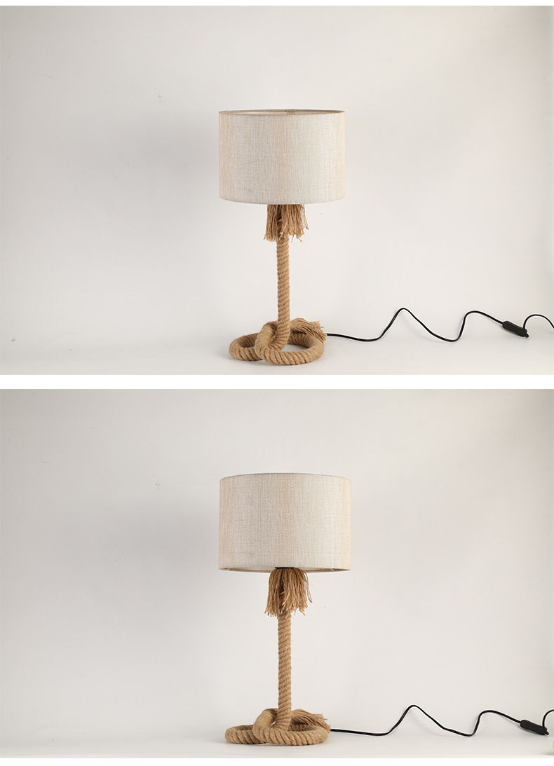 美式卧室台灯北欧床头灯复古地中海民宿馆书房卧室咖啡馆麻绳台灯