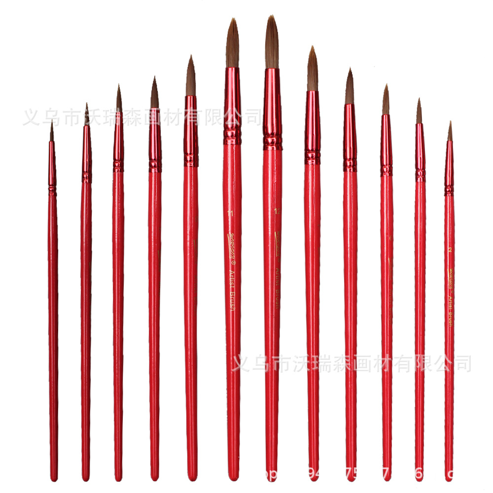 厂家直销12支红色杆圆锋平峰油画笔 尼龙毛水彩丙烯画笔 美术用品