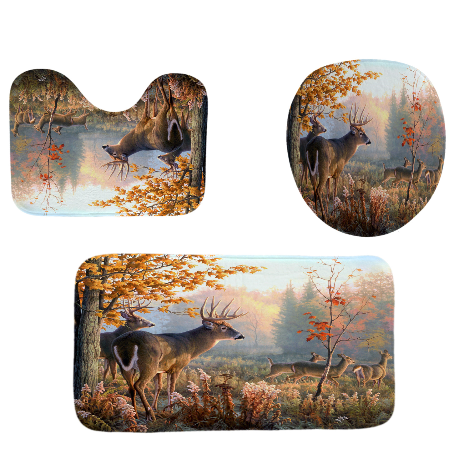 Cross-Border Shower Curtain Forest Deer Animal Shower Curtain Set Digital Printing Polyester Shower Curtain Punch-Free Bathroom Curtain Shower Curtain