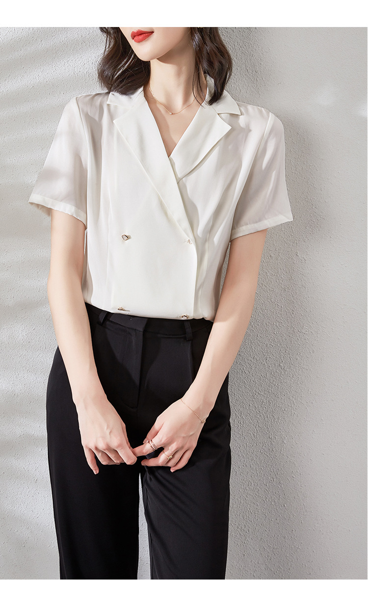 白色重磅真丝衬衫女西装领桑蚕丝上衣双排扣短袖衬衣2021夏季新款