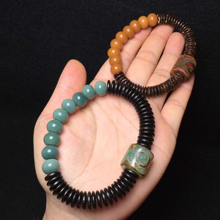 情侣款椰壳搭配三眼天珠 风化菩提根手串男女