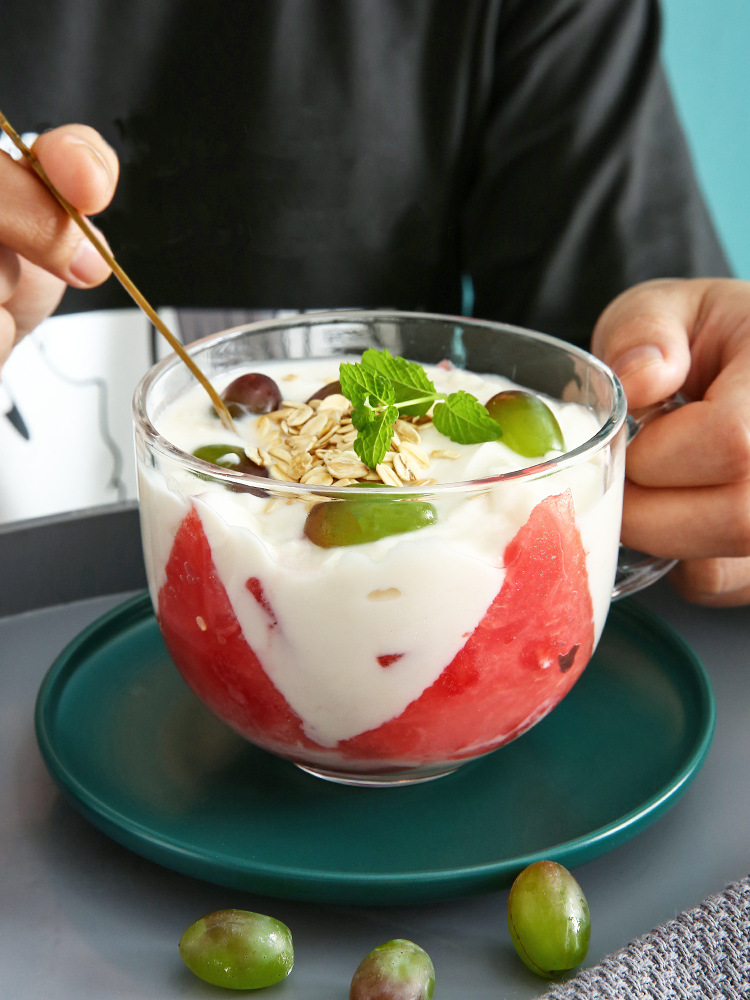 日式玻璃牛奶杯早餐杯创意大号燕麦片杯水果沙拉杯大肚杯带把水杯-阿