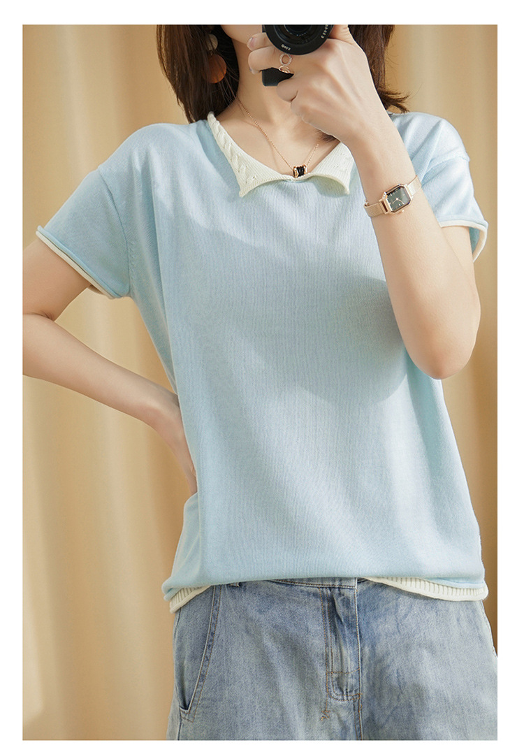 2020夏季棉短袖针织衫女v领t恤上衣宽松纯色撞色显瘦棉线半袖女