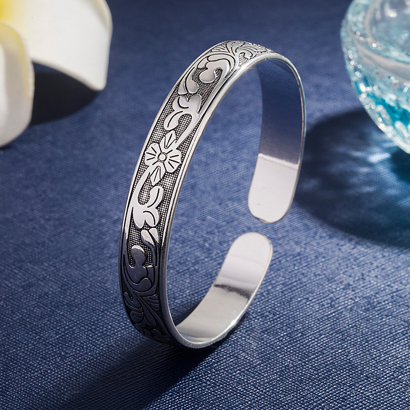 复古民族风做旧荷叶花纹银手镯女开口手环时尚仿古气质特色新款
