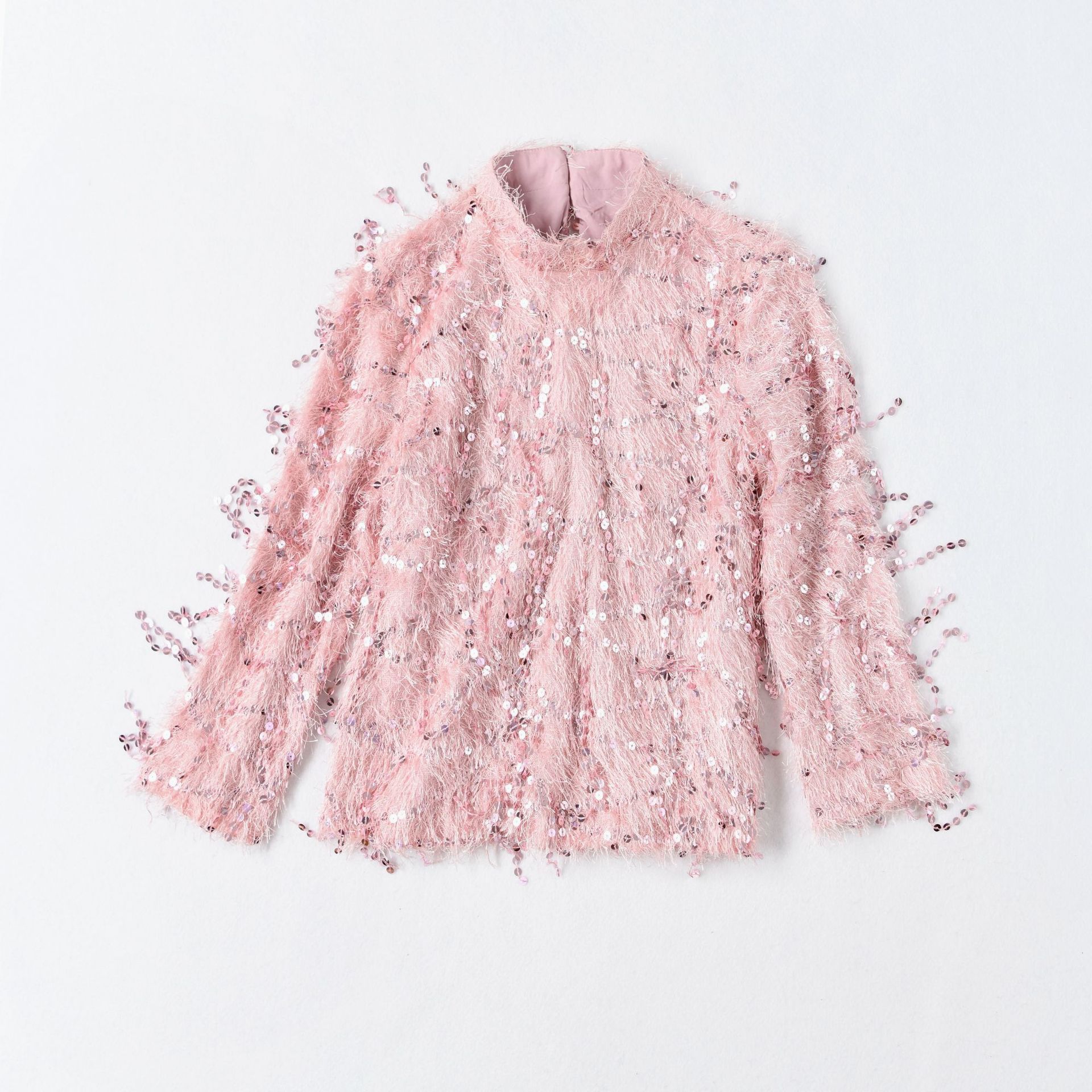 2020秋冬季女装珠片毛毛针织上衣配墨绿色木耳边大口袋纱半裙套装