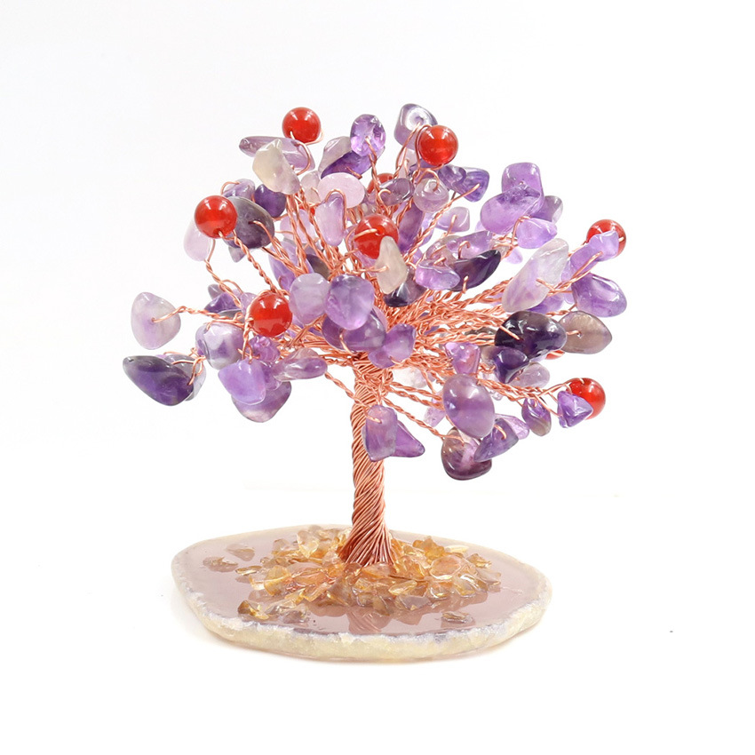 天然水晶碎石果实发财树 生命树摆件招财树工艺品居家摆件装饰品