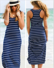 夏季新款欧美风条纹无袖连衣长裙 时尚性感绑带裙沙滩裙 好质量